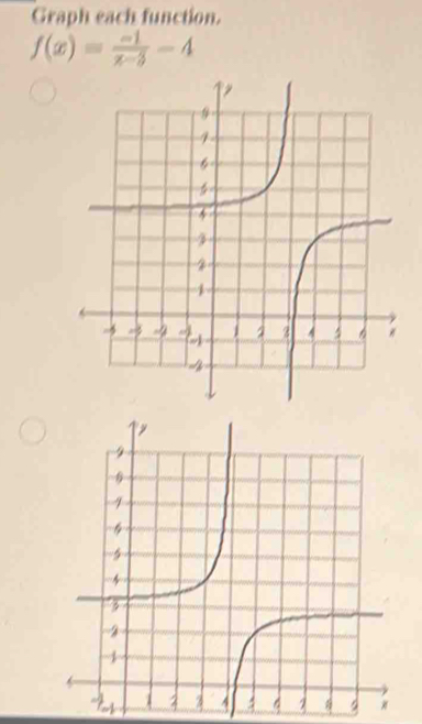 Graph each function.
f(x)= (-1)/x-3 -4