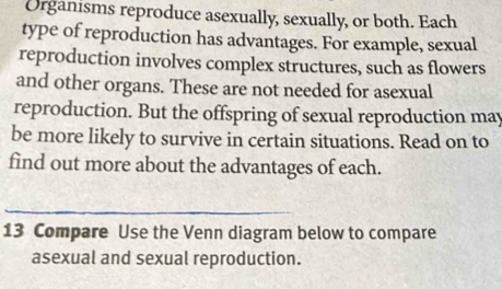 Organisms reproduce asexually, sexually, or both. Each 
type of reproduction has advantages. For example, sexual 
reproduction involves complex structures, such as flowers 
and other organs. These are not needed for asexual 
reproduction. But the offspring of sexual reproduction may 
be more likely to survive in certain situations. Read on to 
find out more about the advantages of each. 
_ 
13 Compare Use the Venn diagram below to compare 
asexual and sexual reproduction.