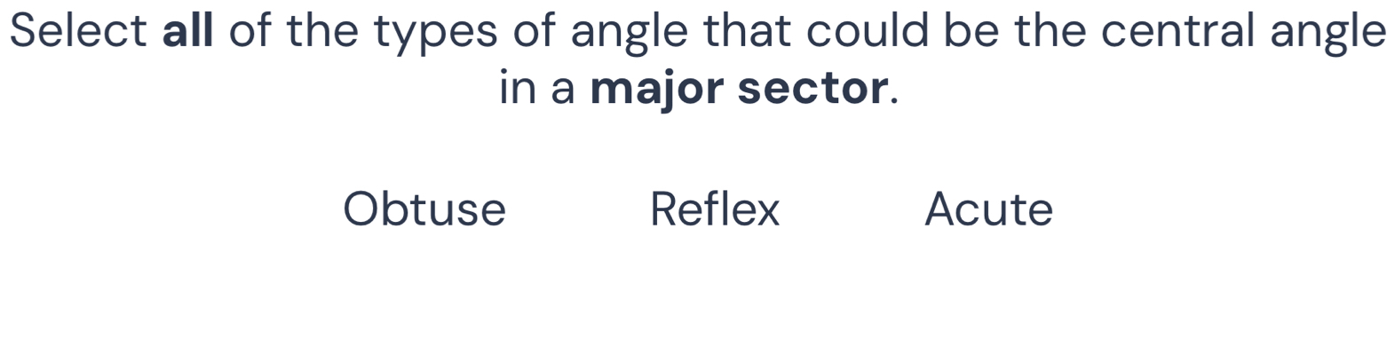 Select all of the types of angle that could be the central angle
in a major sector.
Obtuse Reflex Acute