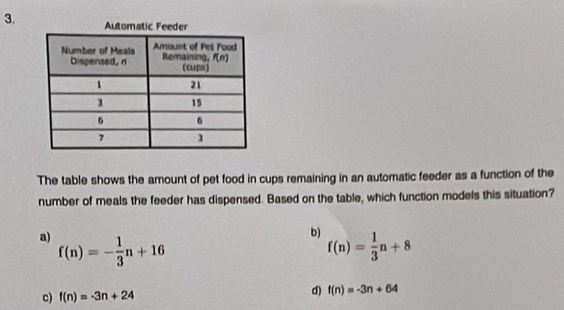 Automatic Feeder
The table shows the amount of pet food in cups remaining in an automatic feeder as a function of the
number of meals the feeder has dispensed. Based on the table, which function models this situation?
b)
a) f(n)=- 1/3 n+16 f(n)= 1/3 n+8
c) f(n)=-3n+24
d) f(n)=-3n+64