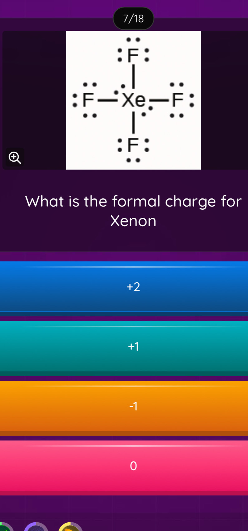 7/18

What is the formal charge for
Xenon
+2
+1
-1