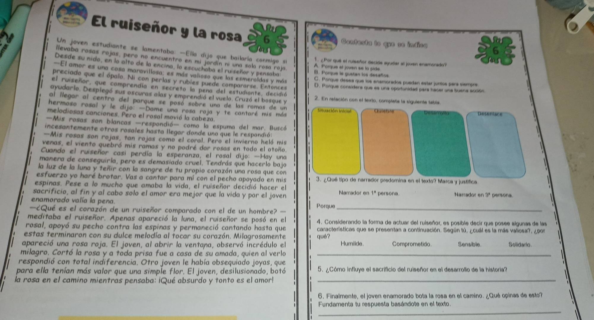 El ruiseñor y la rosa 6
Contesta lo que se índica
s
6
Un joven estudiante se lamentaba: —Ella dijo que bailaría conmigo si 1. ¿Por qué el ruiseñor decide ayudar al joven enamorado?
llevaba rosas rojas, pero no encuentro en mi jardín ni una sola rosa roja. A. Porque el joven se la pide
  
Desde su nido, en lo alto de la encina, lo escuchaba el ruiseñor y pensaba B. Porque le gustan los desafios
—El amor es una cosa maravillosa; es más valioso que las esmeraldas y más C. Porque desea que los enamorados puedan estar juntos para siempre
preciado que el ópalo. Ni con perlas y rubíes puede compararse. Entonces D. Porque considera que es una oportunidad para hacer una buena acción.
el ruiseñor, que comprendía en secreto la pena del estudiante, decidió
ayudarlo. Desplegó sus oscuras alas y emprendió el vuelo. Cruzó el bosque y 2. En relación con el texto, completa la siguiente tabla.
al llegar al centro del parque se posó sobre una de las ramas de un  Cglebre Dem fratto Deseniace
hermoso rosal y le dijo: —Dame una rosa roja y te cantaré mis más
Situación Inicial
melodiosas canciones. Pero el rosal movió la cabeza.
—Mis rosas son blancas —respondió- como la espuma del mar. Buscó
incesantemente otros rosales hasta llegar donde uno que le respondió:
—Mis rosas son rojas, tan rojas como el coral. Pero el invierno heló mis
venas, el viento quebró mis ramas y no podré dar rosas en todo el otoño.
Cuando el ruiseñor casi perdía la esperanza, el rosal dijo: —Hay una
manera de conseguirla, pero es demasiado cruel. Tendrás que hacerlo bajo
la luz de la luna y teñir con la sangre de tu propio corazón una rosa que con
esfuerzo yo haré brotar. Vas a cantar para mí con el pecho apoyado en mis 3. ¿Qué tipo de narrador predomina en el texto? Marca y justifica
espinas. Pese a lo mucho que amaba la vida, el ruiseñor decidió hacer el Narrador en 1° persona.
sacrificio, al fin y al cabo solo el amor era mejor que la vida y por el joven Narrador en 3^8 persona.
enamorado valía la pena. Porque
—CQué es el corazón de un ruiseñor comparado con el de un hombre? —_
meditaba el ruiseñor. Apenas apareció la luna, el ruiseñor se posó en el 4. Considerando la forma de actuar del ruiseñor, es posible decir que posee algunas de las
rosal, apoyó su pecho contra las espinas y permaneció cantando hasta que características que se presentan a continuación. Según tú, ¿cuál es la más valiosa?, ¿por
estas terminaron con su dulce melodía al tocar su corazón. Milagrosamente qué?
apareció una rosa roja. El joven, al abrir la ventana, observó incrédulo el Humilde. Comprometido. Sensible. Solidario.
milagro. Cortó la rosa y a toda prisa fue a casa de su amada, quien al verlo_
respondió con total indiferencia. Otro joven le había obsequiado joyas, que
para ella tenían más valor que una simple flor. El joven, desilusionado, botó 5. ¿Cómo influye el sacrificio del ruiseñor en el desarrollo de la historia?
la rosa en el camino mientras pensaba: ¡Qué absurdo y tonto es el amor!_
6. Finalmente, el joven enamorado bota la rosa en el camino. ¿Qué opinas de esto?
_
Fundamenta tu respuesta basándote en el texto.