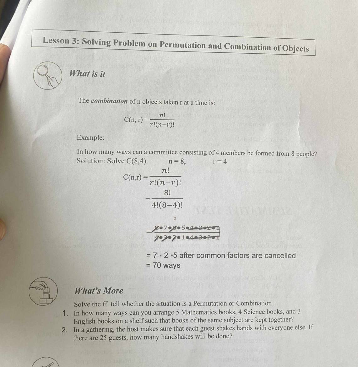 Solved: Lesson 3: Solving Problem on Permutation and Combination of ...