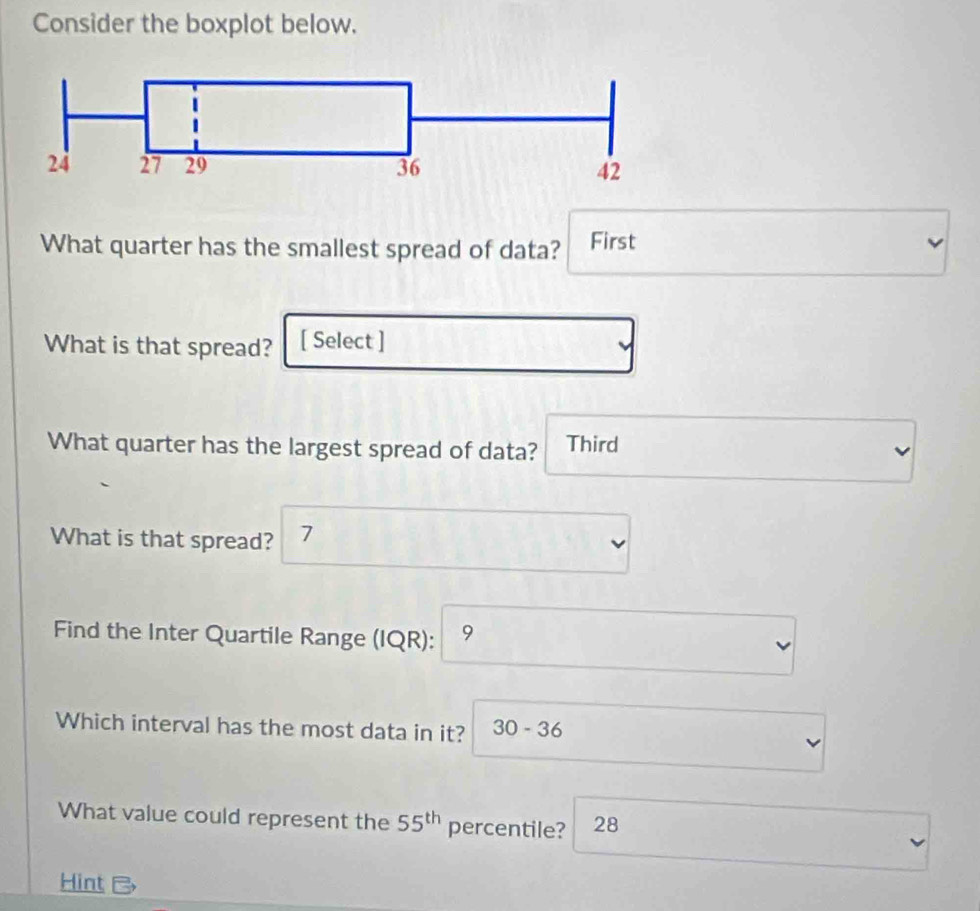 Consider the boxplot below. 
What quarter has the smallest spread of data? First 
What is that spread? [ Select ] 
What quarter has the largest spread of data? Third 
What is that spread? 7 
Find the Inter Quartile Range (IQR) : 9
Which interval has the most data in it? 30-36
What value could represent the 55^(th) percentile? 28
Hint