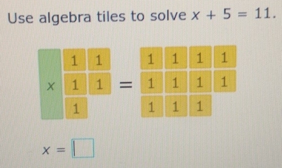 Use algebra tiles to solve x+5=11.
x=□