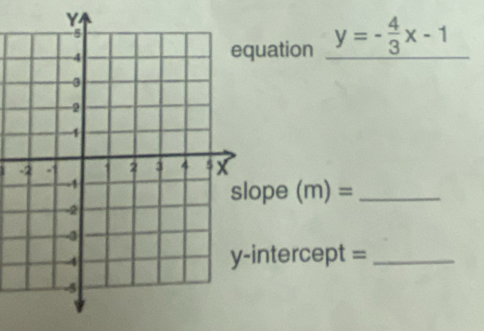 ation y=- 4/3 x-1
pe (m)= _ 
ntercept =_