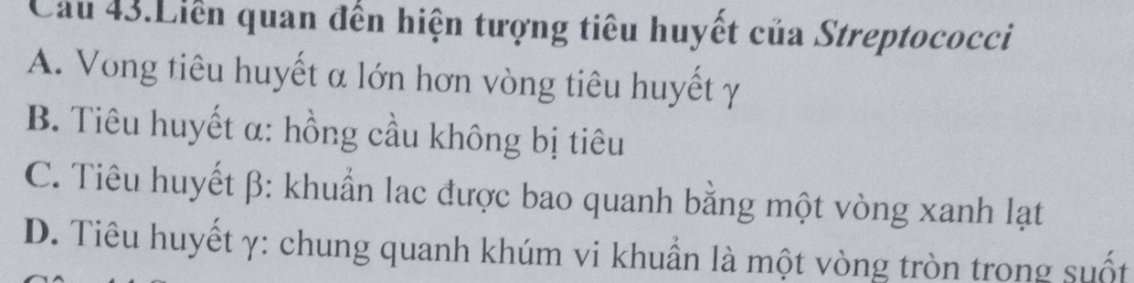 Cau 43.Liên quan đến hiện tượng tiêu huyết của Streptococci
A. Vong tiêu huyết α lớn hơn vòng tiêu huyết γ
B. Tiêu huyết α : hồng cầu không bị tiêu
C. Tiêu huyết β : khuẩn lạc được bao quanh bằng một vòng xanh lạt
D. Tiêu huyết γ : chung quanh khúm vi khuẩn là một vòng tròn trong suốt