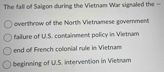 Solved: The fall of Saigon during the Vietnam War signaled the ...