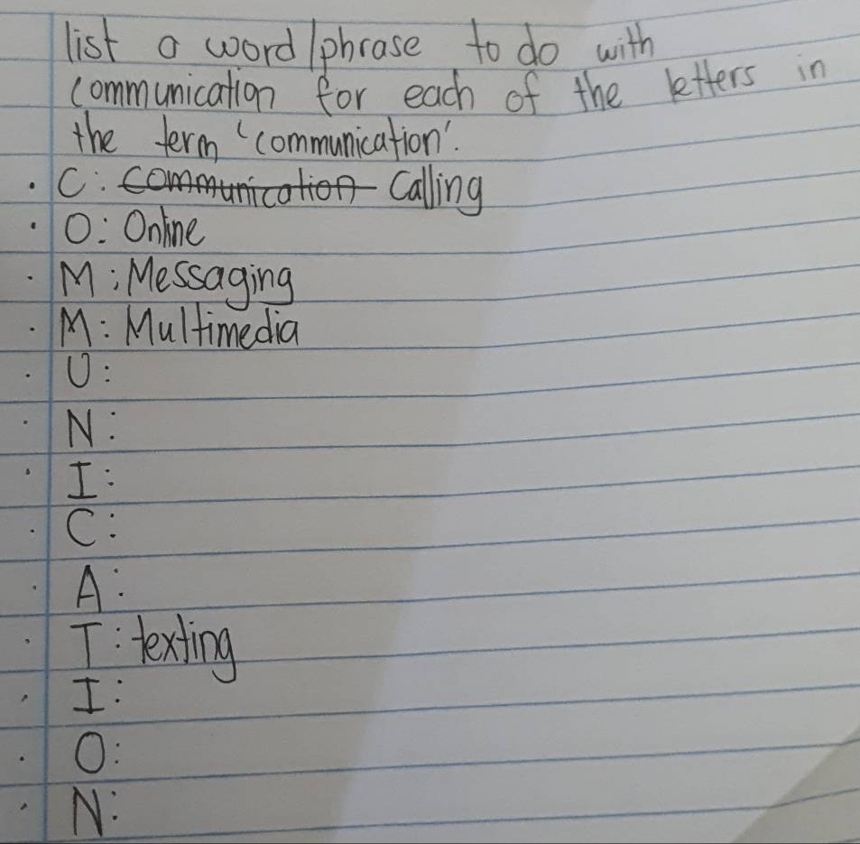 list a word lphrase to do with 
communication for each of the letters in 
the term communication'. 
C. 
calling 
0: Online 
M; Messaging 
M: Multimedia 
0: 
N: 
I: 
C: 
A: 
I: lexting 
I: 
O: 
N: