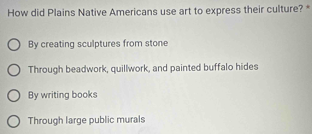 How did Plains Native Americans use art to express their culture? *
By creating sculptures from stone
Through beadwork, quillwork, and painted buffalo hides
By writing books
Through large public murals