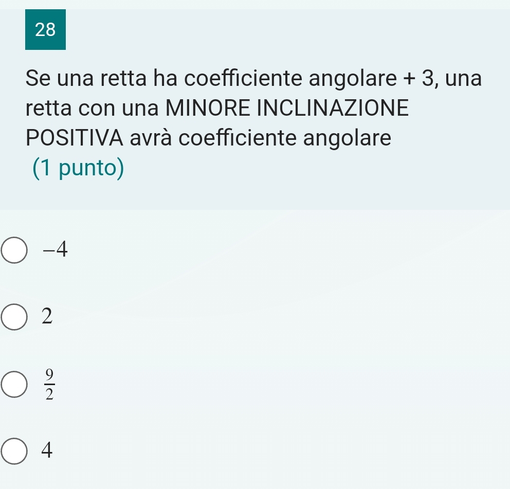 Se una retta ha coefficiente angolare + 3, una
retta con una MINORE INCLINAZIONE
POSITIVA avrà coefficiente angolare
(1 punto)
-4
2
 9/2 
4