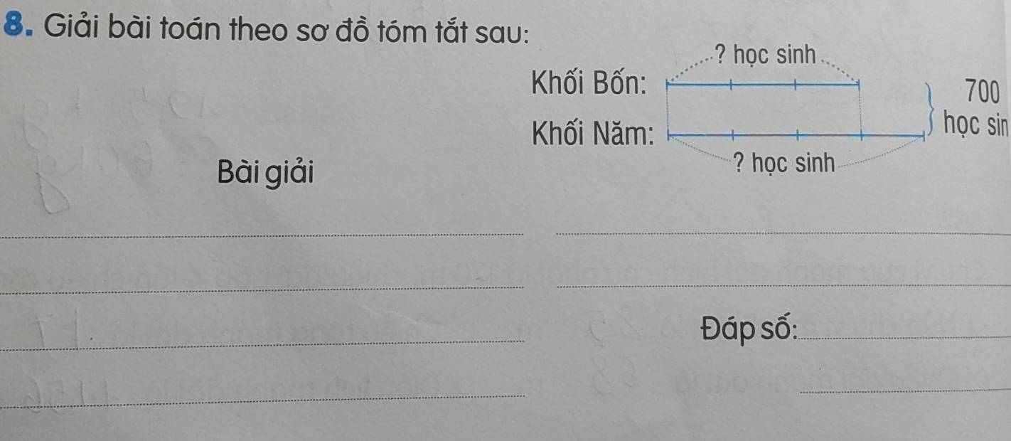 Giải bài toán theo sơ đồ tóm tắt sau: 
? học sinh 
Khối Bốn:
700
Khối Năm: 
học sin 
Bài giải 
? học sinh 
_ 
_ 
__ 
_ 
Đáp số:_ 
_ 
_