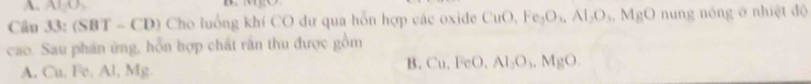(SBT - CD) Cho luồng khí CO dư qua hỗn hợp các oxide CuO, Fe_2O_4, Al_2O_3, MgO nung nóng ở nhiệt độ
cao. Sau phán ứng, hỗn hợp chất rấn thu được gồm
A, Cu, Fe, Al, Mg.
B. Cu, FeO, Al_2O_1, MgO.