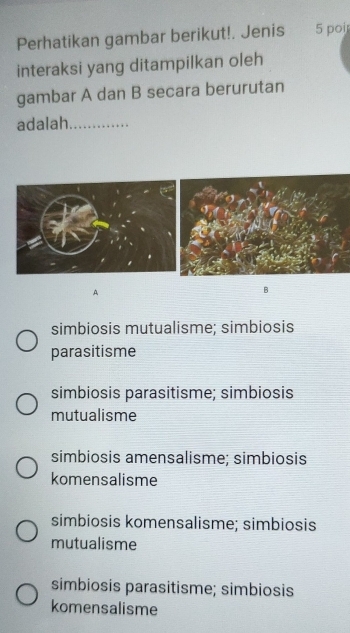 Perhatikan gambar berikut!. Jenis 5 poi
interaksi yang ditampilkan oleh
gambar A dan B secara berurutan
adalah_
A
B
simbiosis mutualisme; simbiosis
parasitisme
simbiosis parasitisme; simbiosis
mutualisme
simbiosis amensalisme; simbiosis
komensalisme
simbiosis komensalisme; simbiosis
mutualisme
simbiosis parasitisme; simbiosis
komensalisme