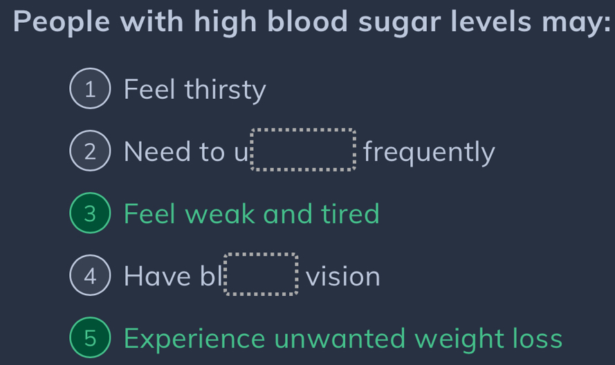 People with high blood sugar levels may: 
1) Feel thirsty 
2 Need to U_ π /2 ^ π /2 * π * π * alpha * frac (π * π * π * π * frac π)^2frac π 2^(frac π)2 frequently 
3 Feel weak and tired 
4) Have bl beginbmatrix 5&0&0&0&0  2/3   5/3 &0&0&0  5/6 & &/6   5/6 && vision 
5 Experience unwanted weight loss