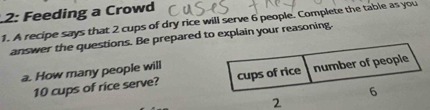 .2: Feeding a Crowd 
1. A recipe says that 2 cups of dry rice will serve 6 people. Complete the table as you 
answer the questions. Be prepared to explain your reasoning. 
a. How many people will
10 cups of rice serve? cups of rice number of people
6
2