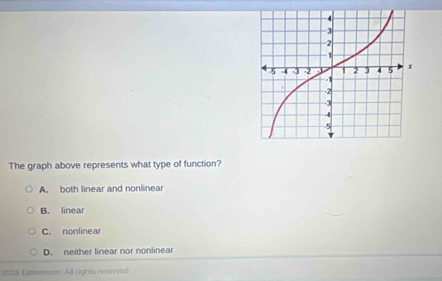 The graph above represents what type of function?
A. both linear and nonlinear
B. linear
C. nonlinear
D. neither linear nor nonlinear
2024 Eamentum. All rights reserved