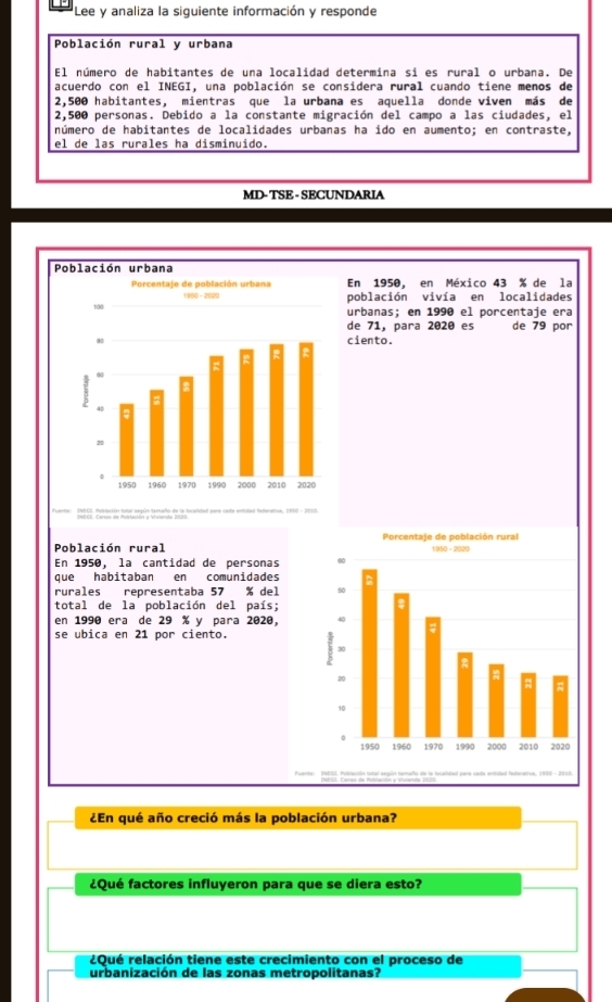 Lee y analiza la siguiente información y responde
Población rural y urbana
El número de habitantes de una localidad determina si es rural o urbana. De
acuerdo con el INEGI, una población se considera rural cuando tiene menos de
2,500 habitantes, mientras que la urbana es aquella donde viven más de
2,500 personas. Debido a la constante migración del campo a las ciudades, el
número de habitantes de localidades urbanas ha ido en aumento; en contraste,
el de las rurales ha disminuido.
MD- TSE - SECUNDARIA
En 1950, en México 43 % de la
población vivía en localidades
urbanas; en 1990 el porcentaje era
de 71, para 2020 es de 79 por
ciento.
INBCI. Población total según tamaño de la localidad para cada entidad federativa, 1950- 2010
Población rural 
En 1950, la cantidad de personas 
que habitaban en comunidades
rurales representaba 57 % del 
total de la población del país;
en 1990 era de 29 % y para 2020, 
se ubica en 21 por ciento.
¿En qué año creció más la población urbana?
¿Qué factores influyeron para que se diera esto?
¿Qué relación tiene este crecimiento con el proceso de
urbanización de las zonas metropolitanas?