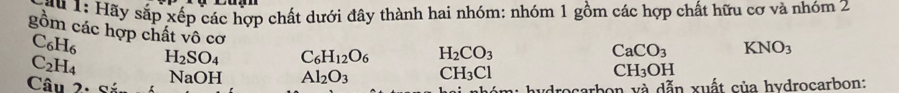 a u 1: Hãy sắp xếp các hợp chất dưới đây thành hai nhóm: nhóm 1 gồm các hợp chất hữu cơ và nhóm 2
gồm các hợp chất vô cơ
C_6H_6
C_2H_4 H_2SO_4 C_6H_12O_6 H_2CO_3
CaCO_3 KNO_3
NaOH Al_2O_3 CH_3Cl
CH_3OH
Câu 2. □ ragarbon và dẫn xuất của hydrocarbon: