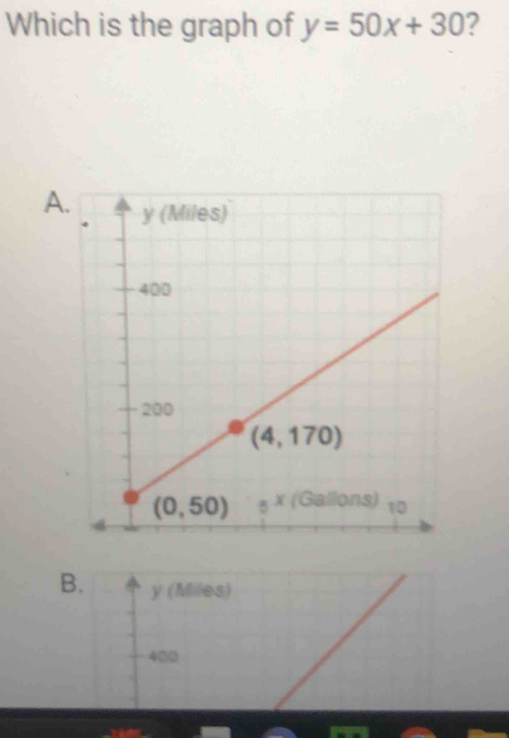 Which is the graph of y=50x+30 ?
A.
B. y (Miles)
4③③