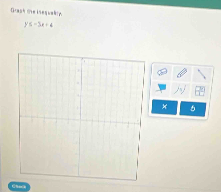 Graph the inequality.
y ≤ -3x+4
× 
Chack