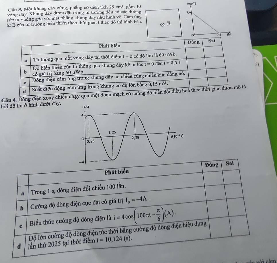 Một khung dây cứng, phẳng có diện tích 25cm^2 , gồm 10
vòng dây. Khung dây được đặt trong từ trường đều có các đường
sức từ vuông góc với mặt phẳng khung dây như hình vẽ. Cảm ứng
từ B của từ trường biến thiên theo thời gian t theo đồ thị hình bên.
SL
Câu 4. Dòng điện xoay chiều chạy qua
bởi đồ thị ở hình dưới đây.
Đúng Sai
Phát biểu
a Trong 1 s, dòng điện đổi chiều 100 lần.
b Cường độ dòng điện cực đại có giá trị I_o=-4A.
c Biểu thức cường độ dòng điện là i=4cos (100π t- π /6 )(A).
Độ lớn cường độ dòng điện tức thời bằng cường độ dòng điện hiệu dụng
d lần thứ 2025 tại thời điểm t=10,124(s).
vi cảm