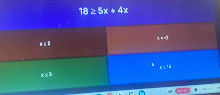 18≥ 5x+4x
x
x≤ 2
x≤ 15
×: 5
out Sep 13 1.0