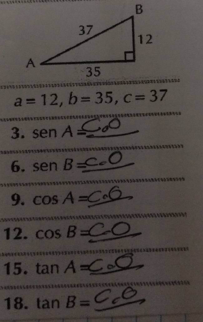 a=12, b=35, c=37
3. senA= _ 
6. senB= _ 
9. cos A= _ 
12. cos B= _ 
15. tan A= _ 
18. tan B= _