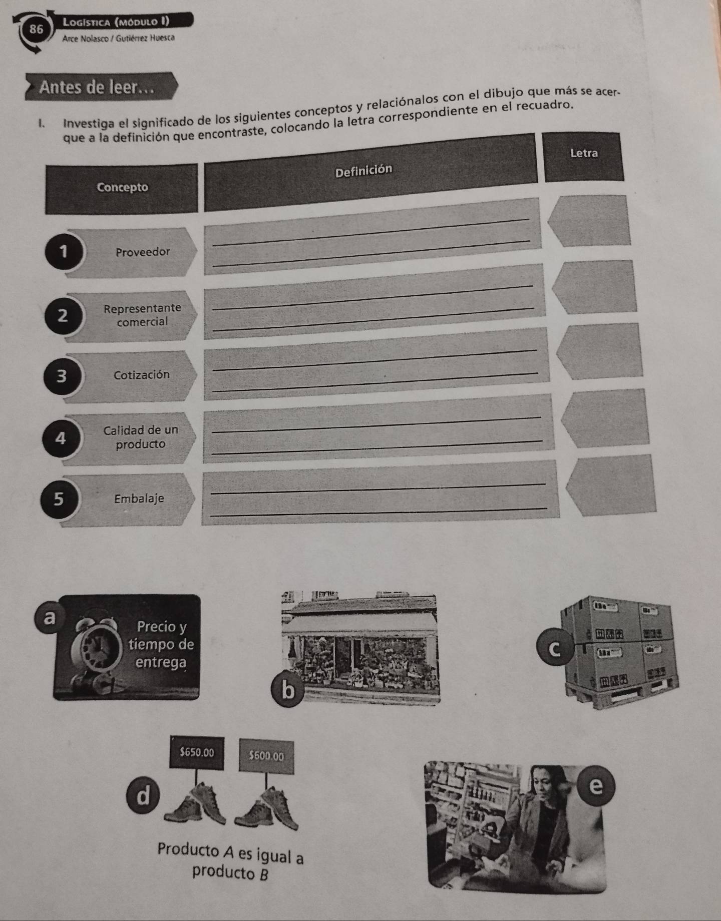 Logística (módulo I) 
Arce Nolasco / Gutiérrez Huesca 
Antes de leer... 
1. Investiga el significado de los siguientes conceptos y relaciónalos con el dibujo que más se acer- 
que a la definición que encontraste, colocando la letra correspondiente en el recuadro. 
Letra 
Definición 
Concepto 
1 Proveedor 
_ 
_ 
2 Representante_ 
_ 
comercial 
_ 
3 Cotización_ 
4 Calidad de un_ 
_ 
producto 
_ 
5 Embalaje 
_ 
a 
Precio y 
tiempo de 
C 
entrega
$650.00 $600.00
d 
Producto A es igual a 
producto B