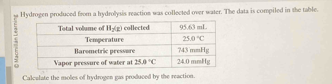 Hydrogen produced from a hydrolysis reaction was collected over water. The data is compiled in the table.
Calculate the moles of hydrogen gas produced by the reaction.