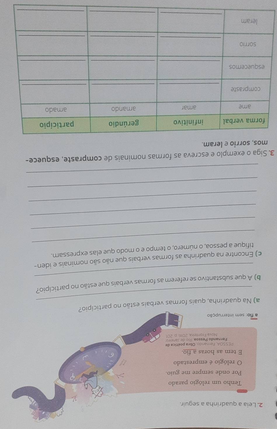 A que substantivo se referem as formas verbais que estão no particípio? 
c) Encontre na quadrinha as formas verbais que não são nominais e iden- 
_ 
tifique a pessoa, o número, o tempo e o modo que elas expressam. 
_ 
_ 
_ 
_ 
_ 
3. Siga o exemplo e escreva as formas nominais de compraste, esquece- 
mos, sorrio e leram.