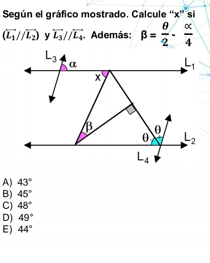 Según el gráfico mostrado. Calcule “x” si
(vector L_1//vector L_2) overleftrightarrow L_3//overleftrightarrow L_4 * Además: beta = θ /2 - alpha /4 
A) 43°
B) 45°
C) 48°
D) 49°
E) 44°