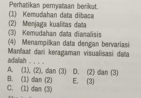 Perhatikan pernyataan berikut.
(1) Kemudahan data dibaca
(2) Menjaga kualitas data
(3) Kemudahan data dianalisis
(4) Menampilkan data dengan bervariasi
Manfaat dari keragaman visualisasi data
adalah . . . .
A. (1), (2), dan (3) D. (2) dan (3)
B. (1) dan (2) E. (3)
C. (1) dan (3)