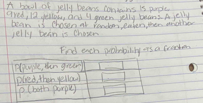 A bowl of jelly beans contains is purple, 
ared, 12 yellow, and 4 green jelly beans. Ajelly 
bean is chosen at random, eaten, then another 
jelly bean is chosen 
Find each probability as a traction