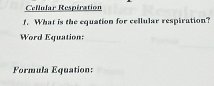 Cellular Respiration 
1. What is the equation for cellular respiration? 
Word Equation: 
Formula Equation: