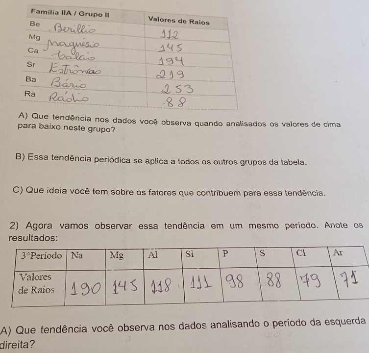 cê observa quando analisados os valores de cima
para baixo neste grupo?
B) Essa tendência periódica se aplica a todos os outros grupos da tabela.
C) Que ideia você tem sobre os fatores que contribuem para essa tendência.
2) Agora vamos observar essa tendência em um mesmo período. Anote os
resultados:
A) Que tendência você observa nos dados analisando o período da esquerda
direita?