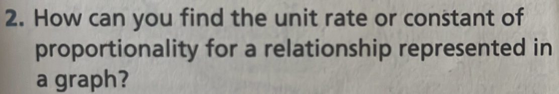 How can you find the unit rate or constant of 
proportionality for a relationship represented in 
a graph?