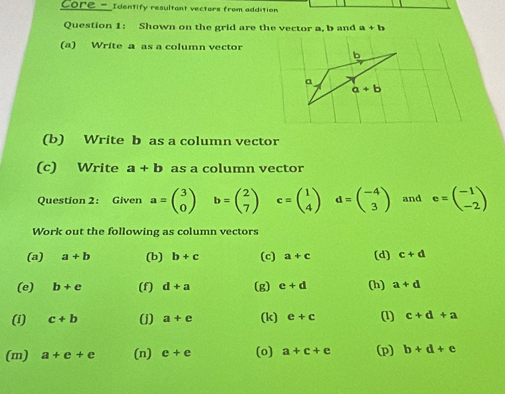 Core -_Identify resultant vectors from addition
Question 1: Shown on the grid are the vector a, b and a+b
(a) Write a as a column vector
(b) Write b as a column vector
(c) Write a+b as a column vector
Question 2: Given a=beginpmatrix 3 0endpmatrix b=beginpmatrix 2 7endpmatrix c=beginpmatrix 1 4endpmatrix d=beginpmatrix -4 3endpmatrix and e=beginpmatrix -1 -2endpmatrix
Work out the following as column vectors
(a) a+b (b) b+c (c) a+c (d) c+d
(e) b+e (f) d+a (g) e+d (h) a+d
(i) c+b (j) a+e (k) e+c (1) c+d+a
(o)
(m) a+e+e (n) e+e a+c+e (p) b+d+e