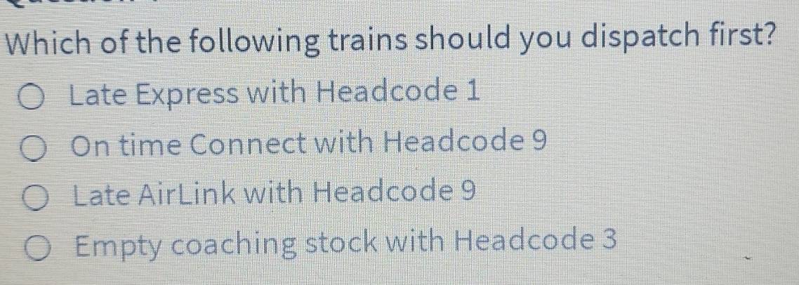 Solved: Which of the following trains should you dispatch first? Late ...