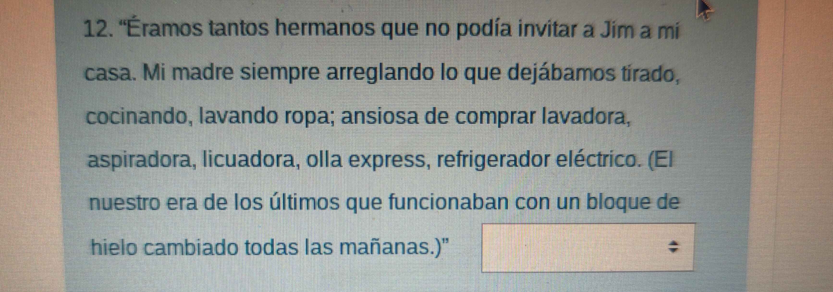 'Éramos tantos hermanos que no podía invitar a Jim a mi 
casa. Mi madre siempre arreglando lo que dejábamos tírado, 
cocinando, lavando ropa; ansiosa de comprar lavadora, 
aspiradora, licuadora, olla express, refrigerador eléctrico. (El 
nuestro era de los últimos que funcionaban con un bloque de 
hielo cambiado todas las mañanas.)'