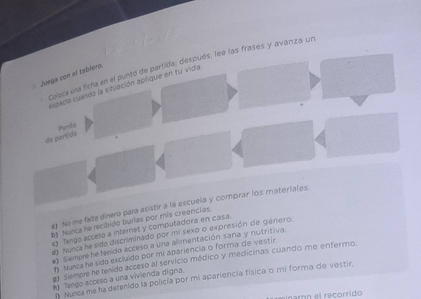 Coloca una ficha en el punto de partida; después, lee las frases y avanza un
Juega con el tablero.
espacio cuandó la situación aplique en tu vida
punto
de partidá
a) No me falta dinero para asistir a la escuela y comprar los materiales
b) Nunca he recibido burlas por mis creencias
c) Tengo acceso a internet y computadora en casa.
d) Nunca he sido discriminado por mi sexo o expresión de género.
e) Siempre he tenido acceso a una alimentación sana y nutritiva.
f) Nunca he sido excluido por mi apariencia o forma de vestir.
g) Slempre he tenido acceso al servicio médico y medicinas cuando me enfermo
h) Tengo acceso a una vivienda digna.
h Nunca me ha detenido la policía por mi apariencia física o mi forma de vestir.
minaron el recorrido