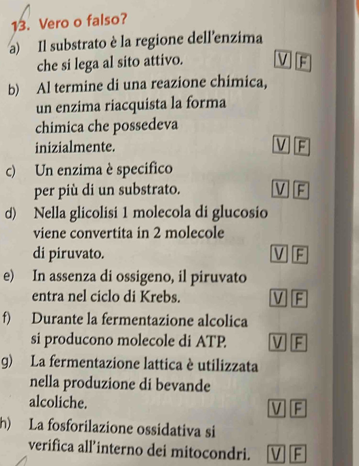 Vero o falso?
a) Il substrato è la regione dellenzima
V
che si lega al sito attivo. a
b) Al termine di una reazione chimica,
un enzima riacquista la forma
chimica che possedeva
inizialmente. V F
c) Un enzima è specifico
per più di un substrato. V F
d) Nella glicolisi 1 molecola di glucosio
viene convertita in 2 molecole
di piruvato. V F
e) In assenza di ossigeno, il piruvato
entra nel ciclo di Krebs. V F
f) Durante la fermentazione alcolica
si producono molecole di ATP V F
g) La fermentazione lattica è utilizzata
nella produzione di bevande
alcoliche.
V F
h) La fosforilazione ossidativa si
verifica all’interno dei mitocondri. V F