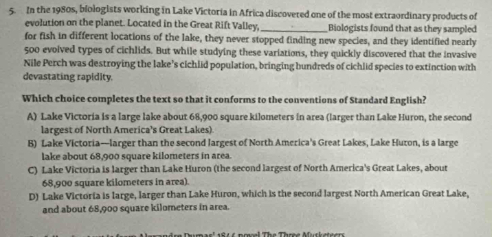 In the 1980s, biologists working in Lake Victoria in Africa discovered one of the most extraordinary products of
evolution on the planet. Located in the Great Rift Valley, _Biologists found that as they sampled
for fish in different locations of the lake, they never stopped finding new species, and they identified nearly
500 evoived types of cichlids. But while studying these variations, they quickly discovered that the invasive
Nile Perch was destroying the lake’s cichlid population, bringing hundreds of cichlid species to extinction with
devastating rapidity.
Which choice completes the text so that it conforms to the conventions of Standard English?
A) Lake Victoria is a large lake about 68,900 square kilometers in area (larger than Lake Huron, the second
largest of North America’s Great Lakes).
B) Lake Victoria—larger than the second largest of North America's Great Lakes, Lake Huron, is a large
lake about 68,900 square kilometers in area.
C) Lake Victoria is larger than Lake Huron (the second largest of North America's Great Lakes, about
68,900 square kilometers in area).
D) Lake Victoria is large, larger than Lake Huron, which is the second largest North American Great Lake,
and about 68,900 square kilometers in area.