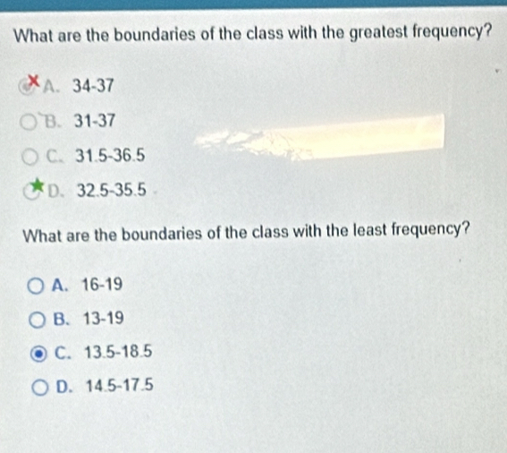 What are the boundaries of the class with the greatest frequency?
A. 34-37
B. 31-37
C. 31.5 - 36.5
D. 32.5 - 35.5
What are the boundaries of the class with the least frequency?
A. 16-19
B. 13-19
C. 13.5-18.5
D. 14.5-17.5