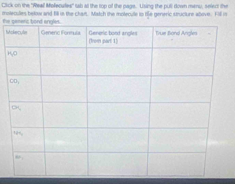 Click on the "Real Molecules" tab at the top of the page. Using the pull down many, select the
molecules below and fill in the chart. Match the molecule to tie generic structure above. Fill in
the
M