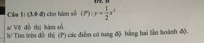 DE B 
Câu 1: (3.0 đ) cho hàm số (P):y= 1/2 x^2
a/ Vẽ đồ thị hàm số. 
b/ Tìm trên đồ thị (P) các điểm có tung độ bằng hai lần hoành độ.