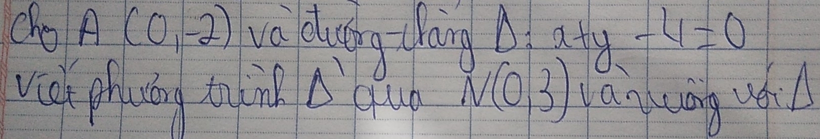 cho A(0,-2) va duckg thing A x+y-4=0
vic phaiáng to n (up N(0,3) lan cong á