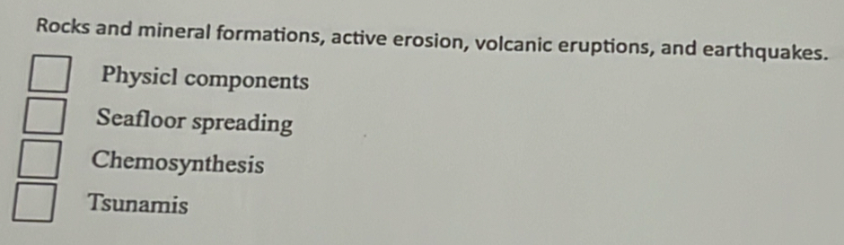 Rocks and mineral formations, active erosion, volcanic eruptions, and earthquakes.
Physicl components
Seafloor spreading
Chemosynthesis
Tsunamis