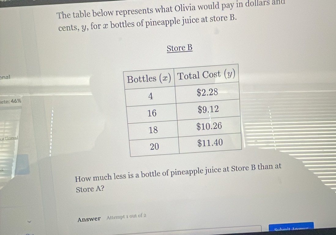 The table below represents what Olivia would pay in dollars and 
cents, y, for x bottles of pineapple juice at store B. 
Store B 
onal 
lete: 46%
ortional 
How much less is a bottle of pineapple juice at Store B than at 
Store A? 
Answer Attempt 1 out of 2 
Suhmit Aneu