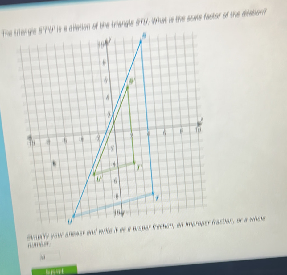 angle S'TU' is a dilation of the triangle STU. What is the scale factor of the dilation 
AUMBER 
auBmi